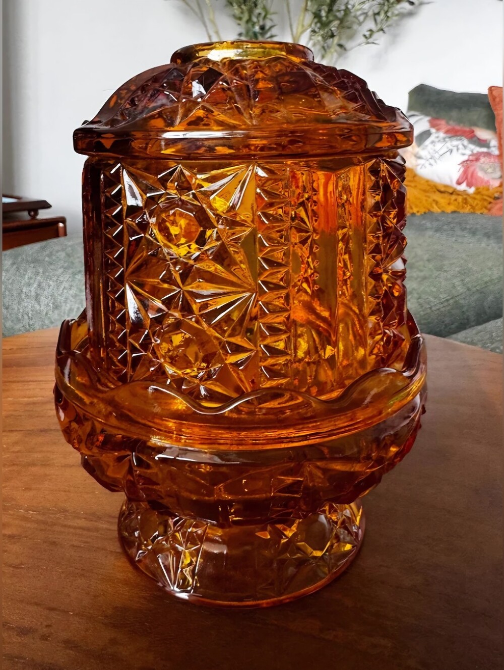 Vintage 1950's Indiana Glass Large Amber Stars and Bars Pattern Fairy Lamp
